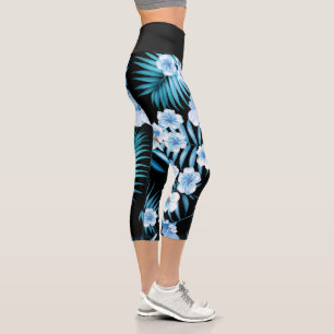 Tropical Blue Floral High Waisted Capris