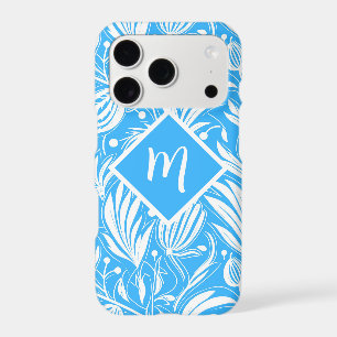 Tropical Blue Floral Pattern Diamond Monogram