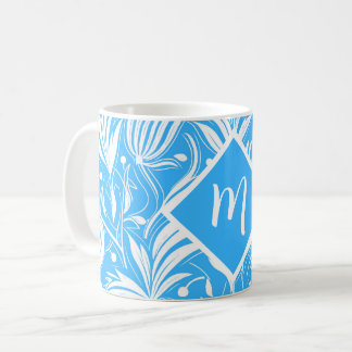 Tropical Blue Floral Pattern Diamond Monogram Coffee Mug