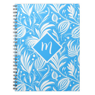 Tropical Blue Floral Pattern Diamond Monogram Notebook
