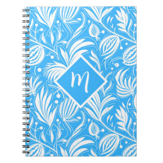 Tropical Blue Floral Pattern Diamond Monogram Notebook