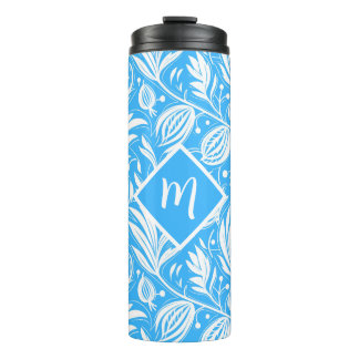 Tropical Blue Floral Pattern Diamond Monogram Thermal Tumbler