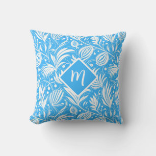 Tropical Blue Floral Pattern Diamond Monogram Throw Pillow