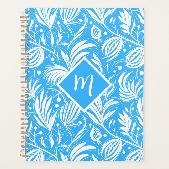 Tropical Blue Floral Pattern Diamond Monogramme (Devant)