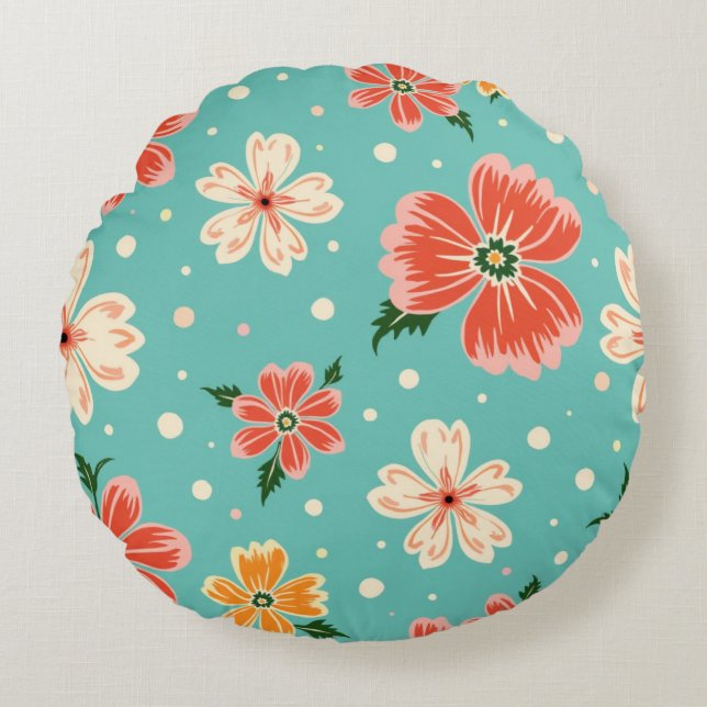 Tropical Blue Floral Round Pillow (Front)