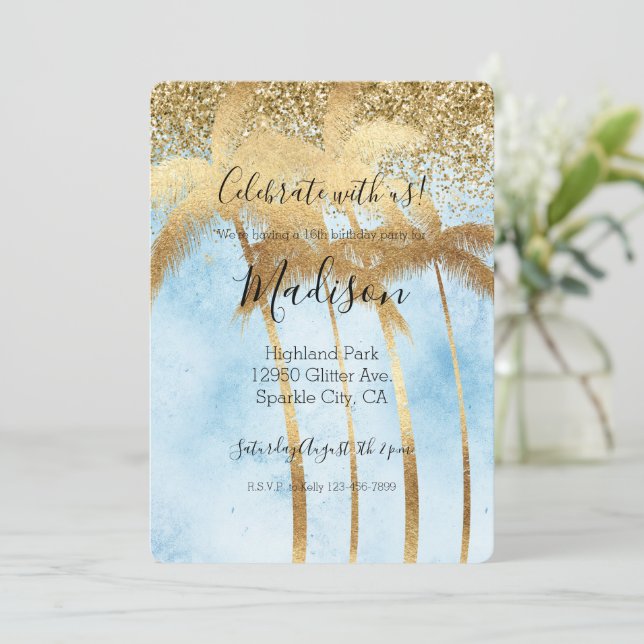 Tropical Blue Glitz Glitter Gold Palm Trees   Invitation (Standing Front)