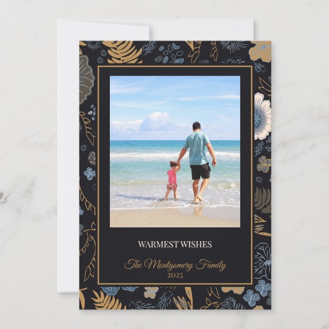 Tropical Blue Gold Flowers Warm Wishes Holiday Card (Front)