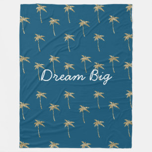Tropical Blue Gold Glitter Palm Trees Fleece Blanket