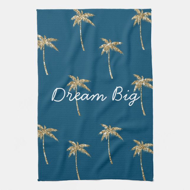 Tropical Blue Gold Glitter Palm Trees Kitchen Towel (Vertical)