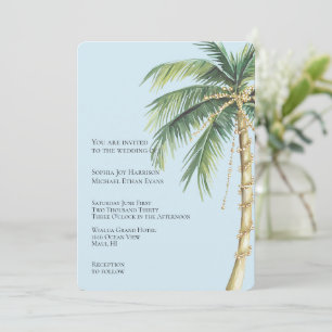 Tropical Blue Gold Glitzy Palm Tree Wedding Invitation