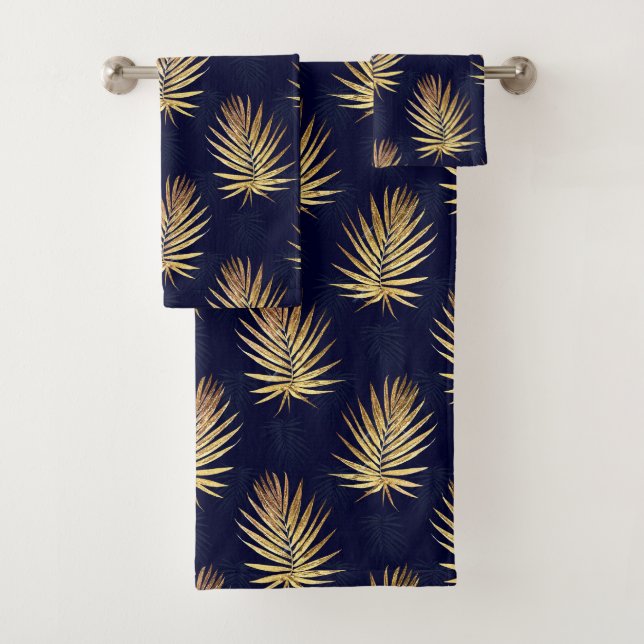 Tropical Blue Gold Palm Leaves Greenery Bath Towel Set (Insitu)
