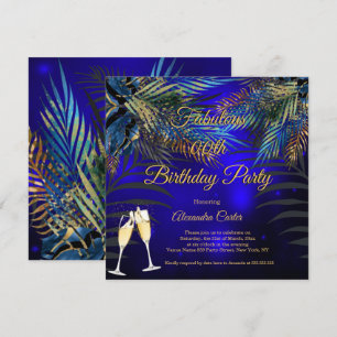 Tropical Blue Gold Palms Champagne Birthday Party Invitation