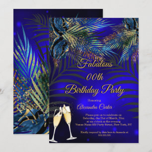 Tropical Blue Gold Palms Champagne Birthday Party  Invitation