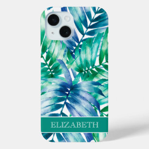 Tropical Blue Green Palm Fronds Personalized Name iPhone 15 Case