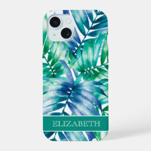 Tropical Blue Green Palm Fronds Personalized Name iPhone 15 Case