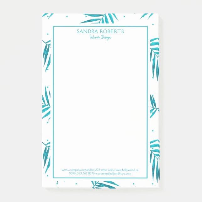 Tropical blue-green palm leaves pattern post-it notes (Front)