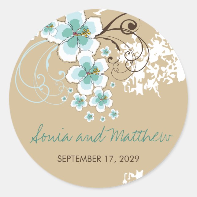 Tropical Blue Hibiscus Beach Wedding Favour Sticke Classic Round Sticker (Front)