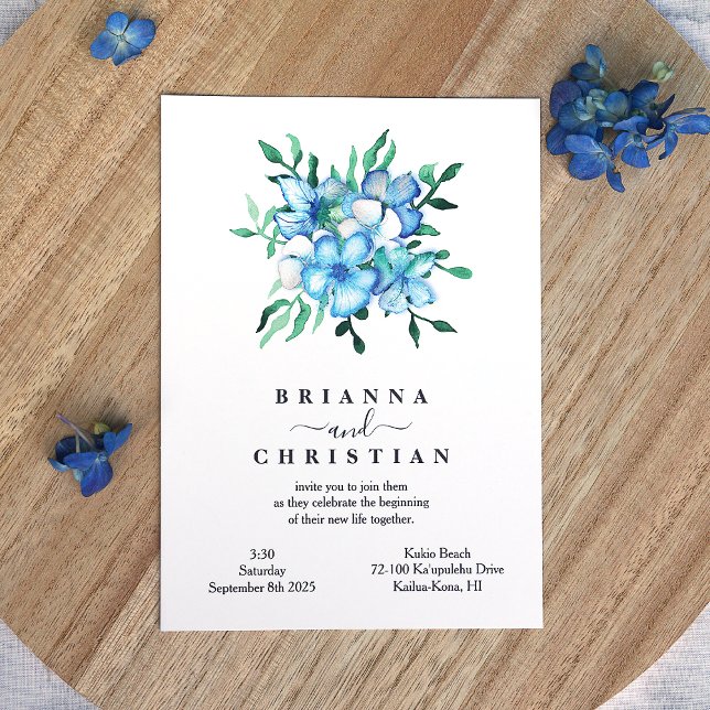 Tropical Blue Hibiscus Flowers Wedding Invitation (Tropical Blue Hibiscus Flowers Wedding Invitations, Green Eucalyptus Leaves)