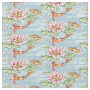 Tropical Blue Koi & Lotus Fish Pond Watercolor Fabric