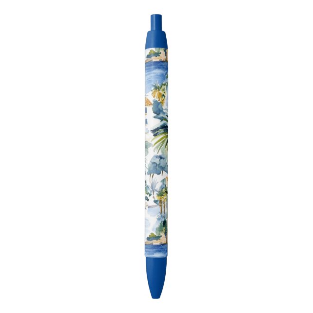 Tropical Blue Mediterranean Wedding Black Ink Pen (Front Vertical)