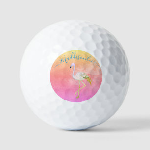 Tropical  Blue Monogram Name Black Pink Flamingo G Golf Balls