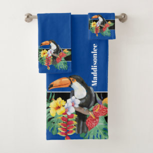 Tropical Blue Monogram Name Toucan Bathroom Bath Towel Set