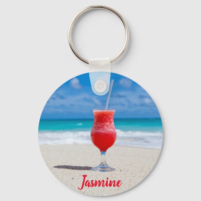 Tropical Blue Ocean Beach Bliss Custom Name Keychain (Front)