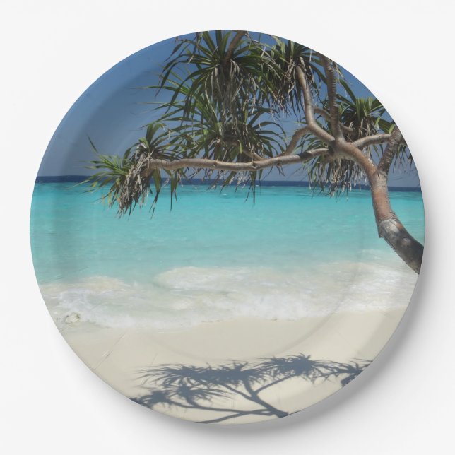 Tropical Blue Ocean Beach Scene Photo Paper Plate (Front)