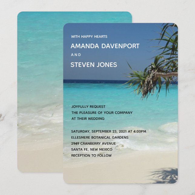Tropical Blue Ocean Beach Scene Photo Wedding Invitation (Front/Back)
