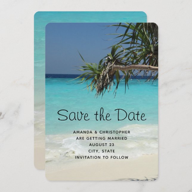 Tropical Blue Ocean Beach Scene Photo Wedding Save The Date (Front/Back)