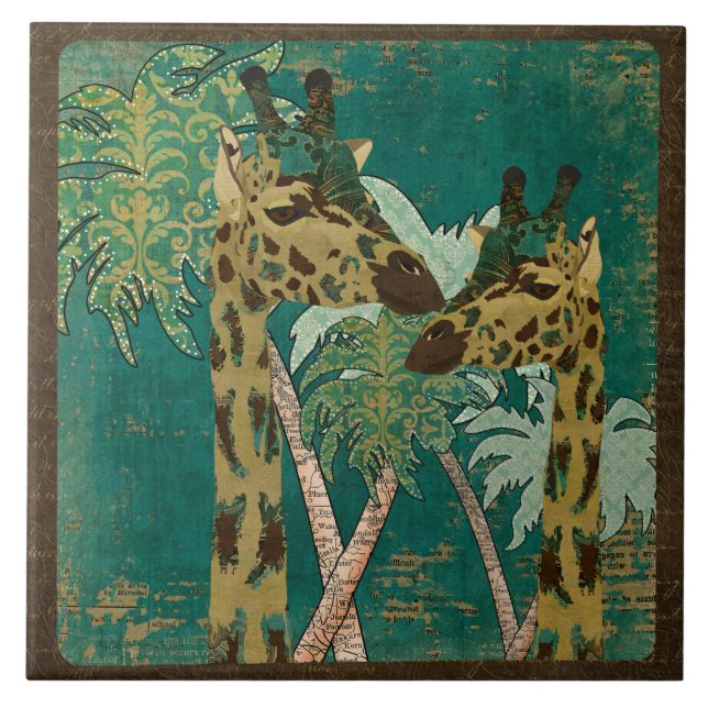 Tropical Blue Paisley Giraffes Retro  Tile (Front)