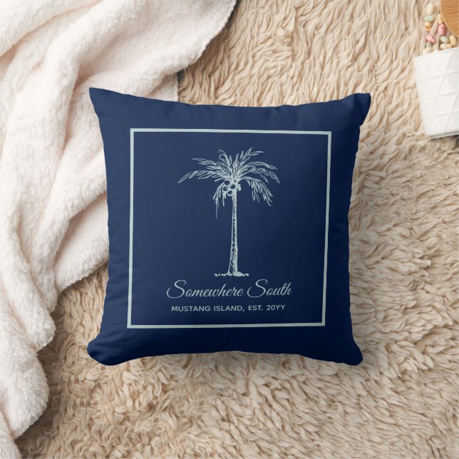 Tropical Blue Pale Teal Palm Tree Personalized Throw Pillow (Blanket)