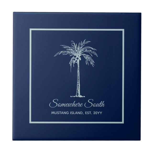 Tropical Blue Pale Teal Palm Tree Personalized Tile (Front)