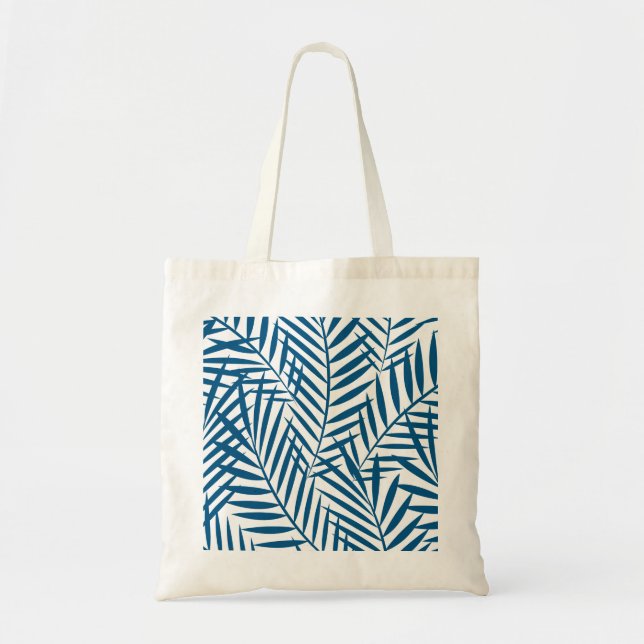Tropical blue palm leaf tote bag (Front)