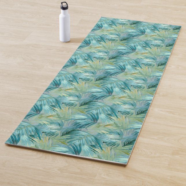 Tropical Blue Palm Leaf Watercolour Patterned Yoga Mat (In Situ)