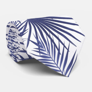Tropical Blue Palm Leaves Blue and White Tie