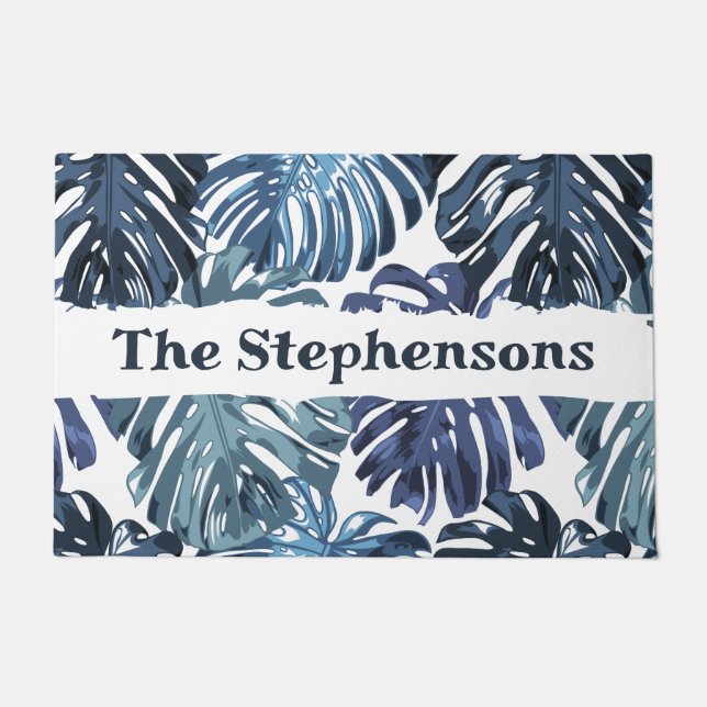 Tropical Blue Palm Leaves Family Name  Doormat (Front)