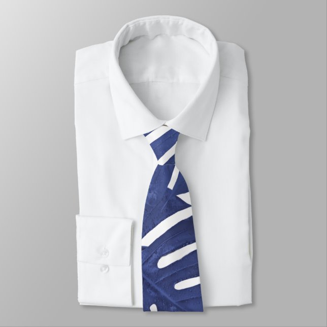 Tropical Blue Palm Monstera Leaves Pattern Tie (Tied)