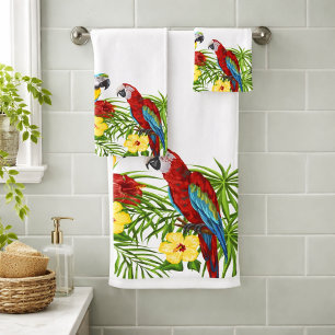 Tropical blue parrots summer family name white bath towel set