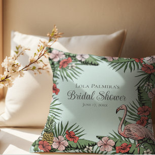 Tropical Blue & Pink Floral Flamingo Bridal Shower Outdoor Pillow