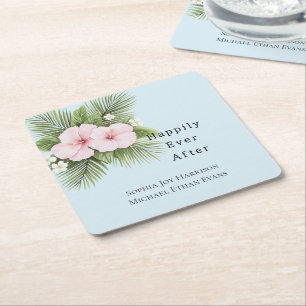 Tropical Blue Pink Hibiscus Floral Wedding Square Paper Coaster