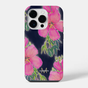 Tropical Blue Pink Hibiscus Flower Painting iPhone 14 Pro Case
