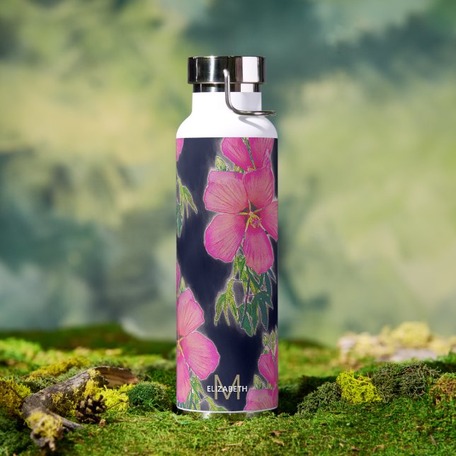 Tropical Blue Pink Hibiscus Flower Painting Water Bottle (Outdoor)
