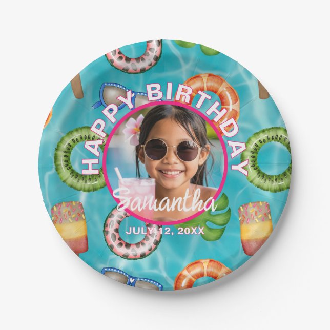 Tropical Blue Pool Party Birthday Paper Plates (Front)