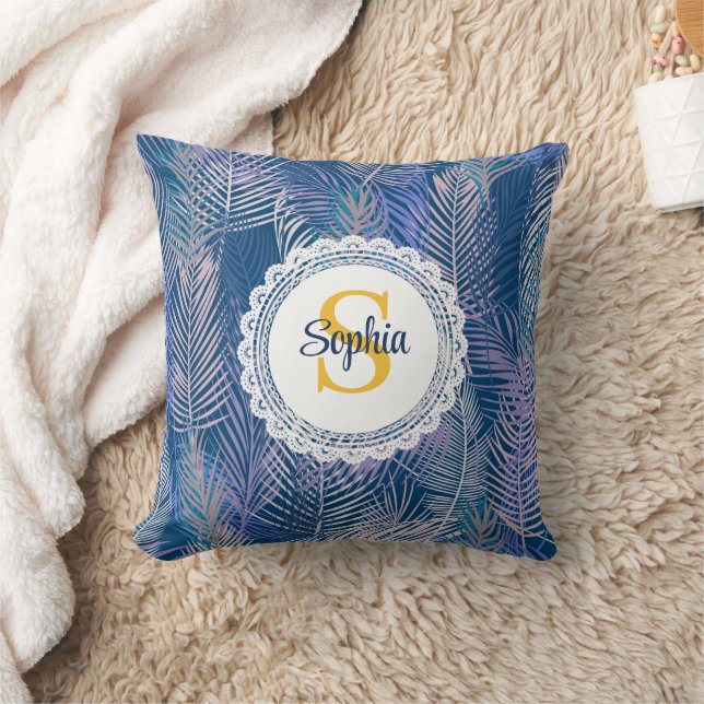 Tropical Blue & Purple Palm Leaf Monogram Name Throw Pillow (Blanket)