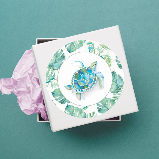 Tropical Blue Sea Turtle Watercolor Greenery Classic Round Sticker (tropical party favor sticker sea turtle palm leaves gift wrapping supplies)