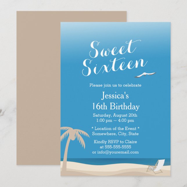 Tropical Blue Sky Beach Theme Sweet 16 Invitation (Front/Back)
