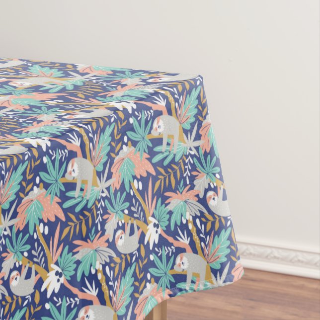 Tropical Blue Sloth Pattern Tablecloth (In Situ)