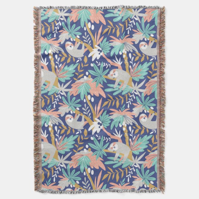 Tropical Blue Sloth Pattern Throw Blanket (Front Vertical)