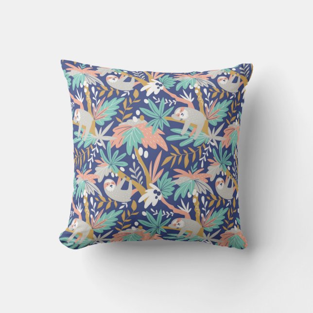 Tropical Blue Sloth Pattern Throw Pillow (Front)